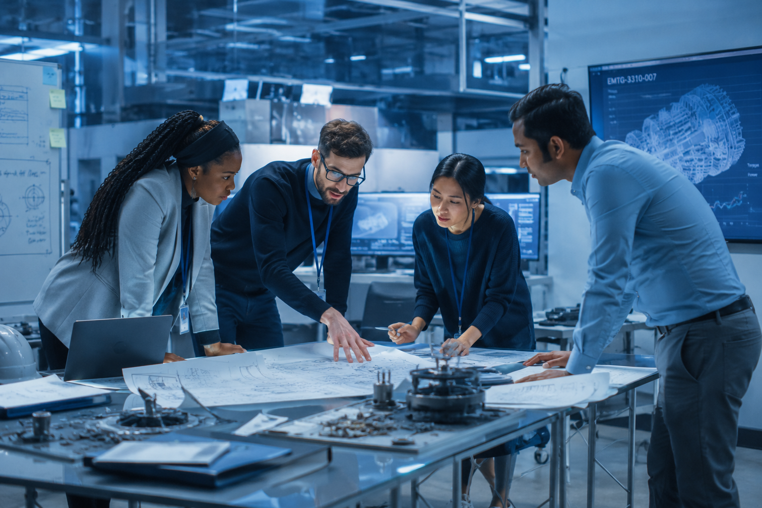 Engineering team reviewing technical blueprints in an advanced research facility